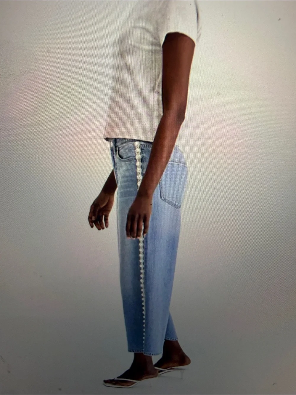 Light Blue Women's Cropped Jeans with Side Faux-Pearl-Trim